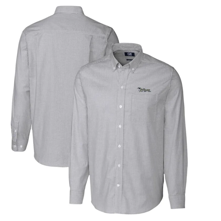 Sweaters & Dress Shirts^New York Jets Men's Cutter & Buck Charcoal Throwback Logo Stretch Oxford Stripe Long Sleeve Button Down Shirt