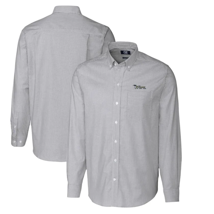 Sweaters & Dress Shirts^New York Jets Men's Cutter & Buck Charcoal Throwback Logo Stretch Oxford Stripe Long Sleeve Button Down Shirt