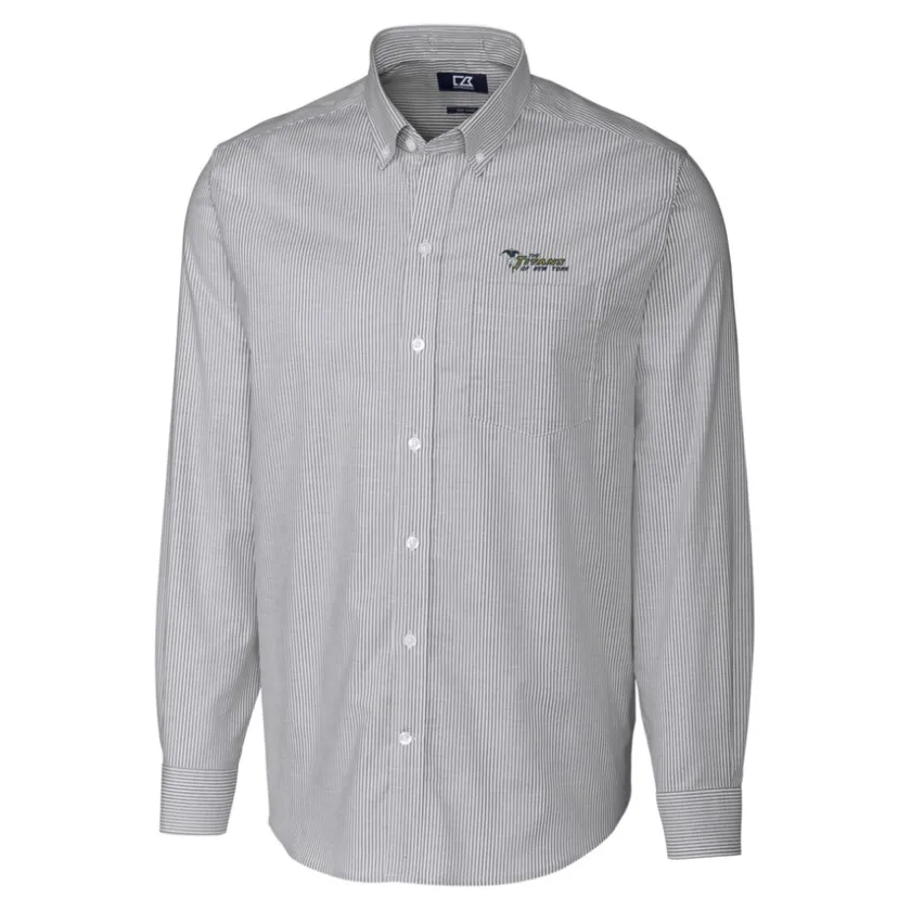 Sweaters & Dress Shirts^New York Jets Men's Cutter & Buck Charcoal Throwback Logo Stretch Oxford Stripe Long Sleeve Button Down Shirt