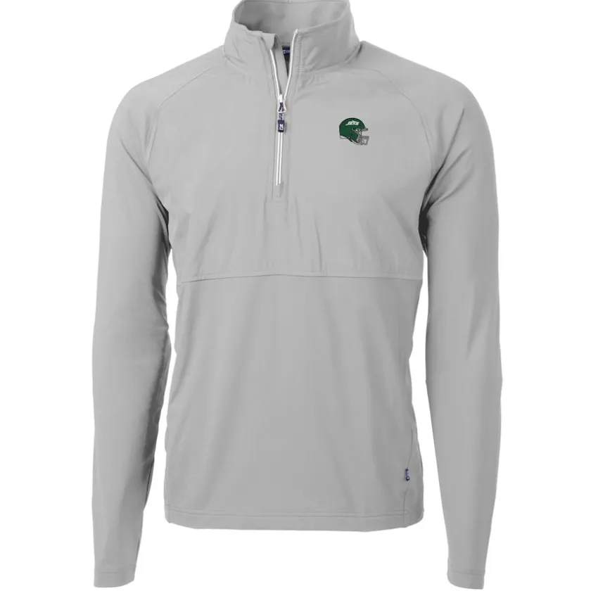 Jackets|Sweatshirts & Fleece^New York Jets Men's Cutter & Buck Gray Helmet Adapt Eco Knit Hybrid Recycled Raglan Quarter-Zip Top
