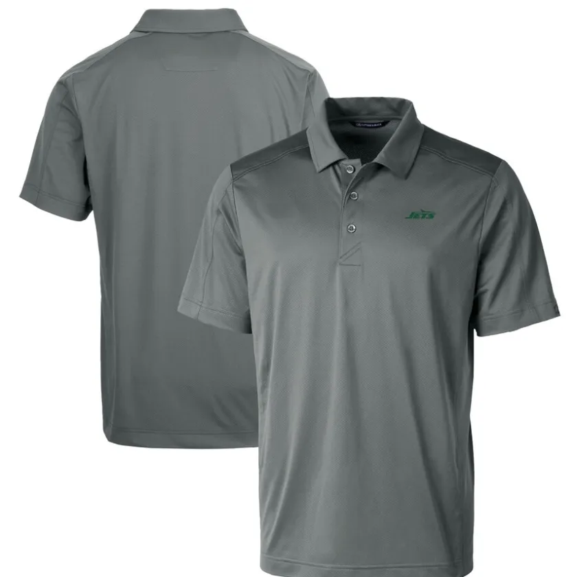 Polos^New York Jets Men's Cutter & Buck Gray Primary Logo Prospect Eco Textured Stretch Recycled Polo