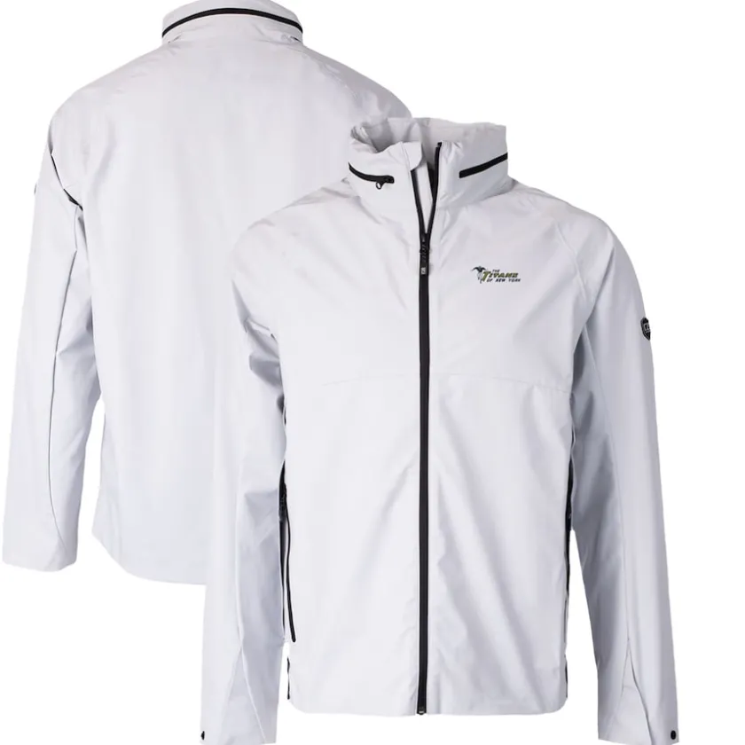 Accessories|Rainwear^New York Jets Men's Cutter & Buck Gray Throwback Logo Vapor Water Repellent Stretch Full-Zip Rain Jacket