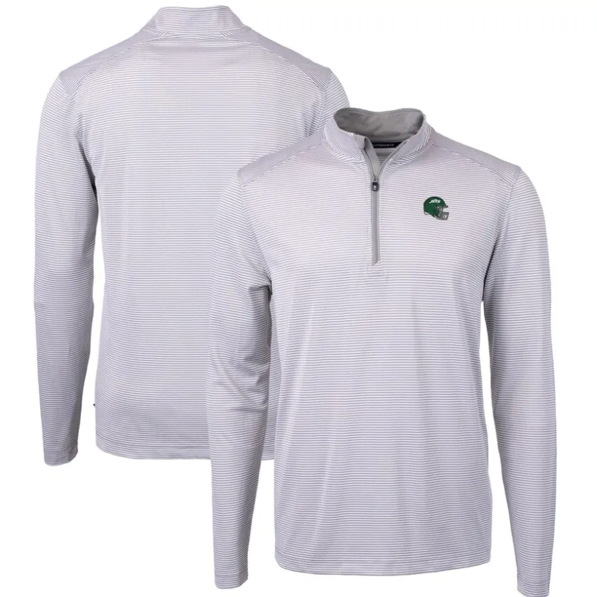 Big & Tall^New York Jets Men's Cutter & Buck Gray/White Big & Tall Helmet Virtue Eco Pique Micro Stripe Recycled Quarter-Zip Top