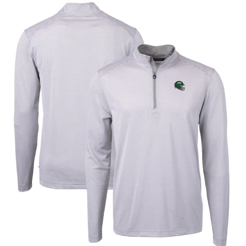 Big & Tall^New York Jets Men's Cutter & Buck Gray/White Big & Tall Helmet Virtue Eco Pique Micro Stripe Recycled Quarter-Zip Top