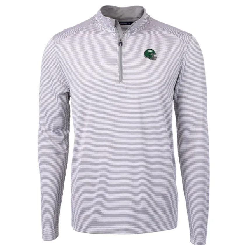 Big & Tall^New York Jets Men's Cutter & Buck Gray/White Big & Tall Helmet Virtue Eco Pique Micro Stripe Recycled Quarter-Zip Top