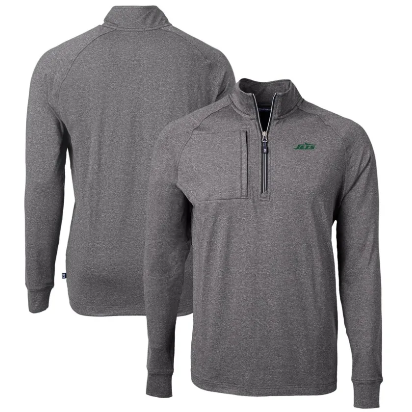 Jackets^New York Jets Men's Cutter & Buck Heather Black Primary Logo Adapt Eco Knit Quarter-Zip Top