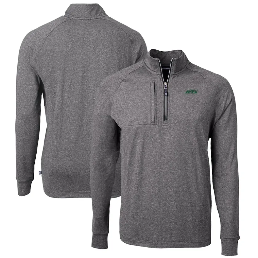 Jackets^New York Jets Men's Cutter & Buck Heather Black Primary Logo Adapt Eco Knit Quarter-Zip Top