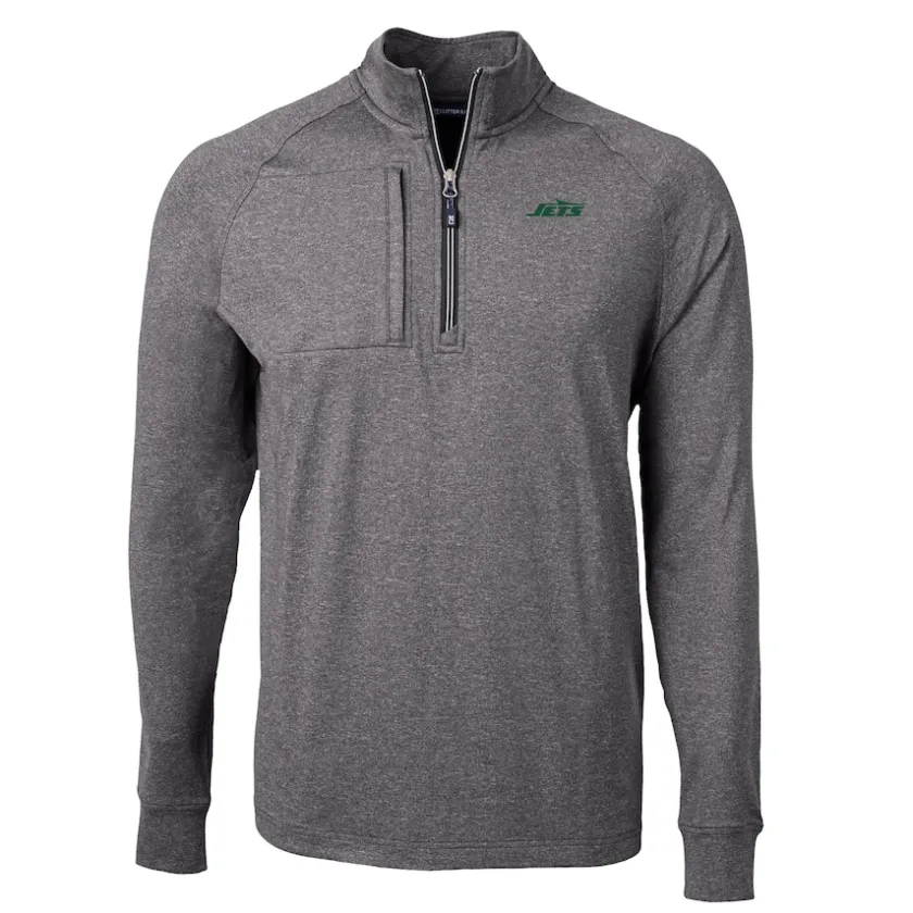 Jackets^New York Jets Men's Cutter & Buck Heather Black Primary Logo Adapt Eco Knit Quarter-Zip Top