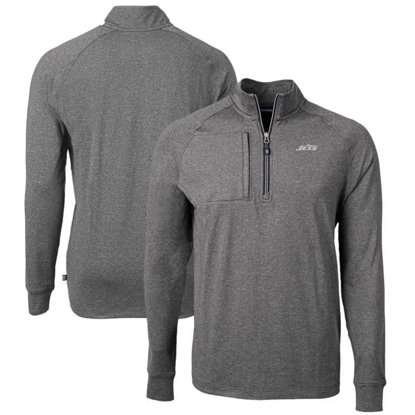 Big & Tall^New York Jets Men's Cutter & Buck Heather Black Monochromatic Logo Big & Tall Adapt Eco Knit Quarter-Zip Top