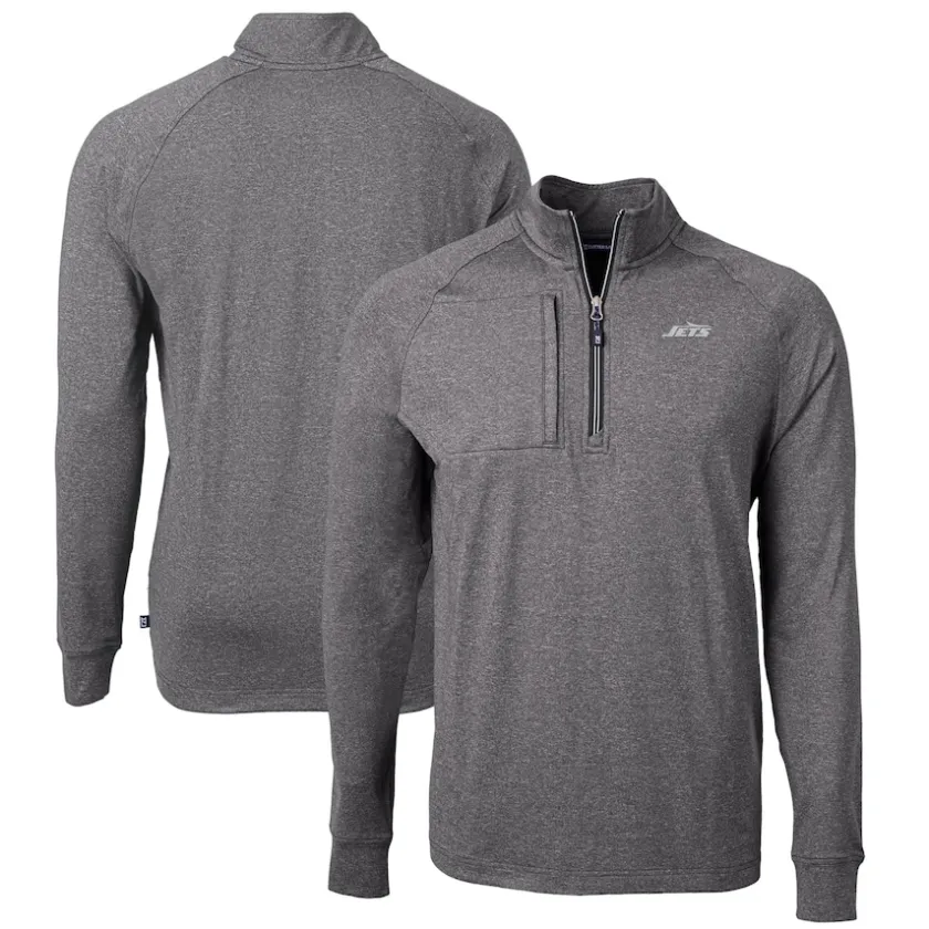 Big & Tall^New York Jets Men's Cutter & Buck Heather Black Monochromatic Logo Big & Tall Adapt Eco Knit Quarter-Zip Top