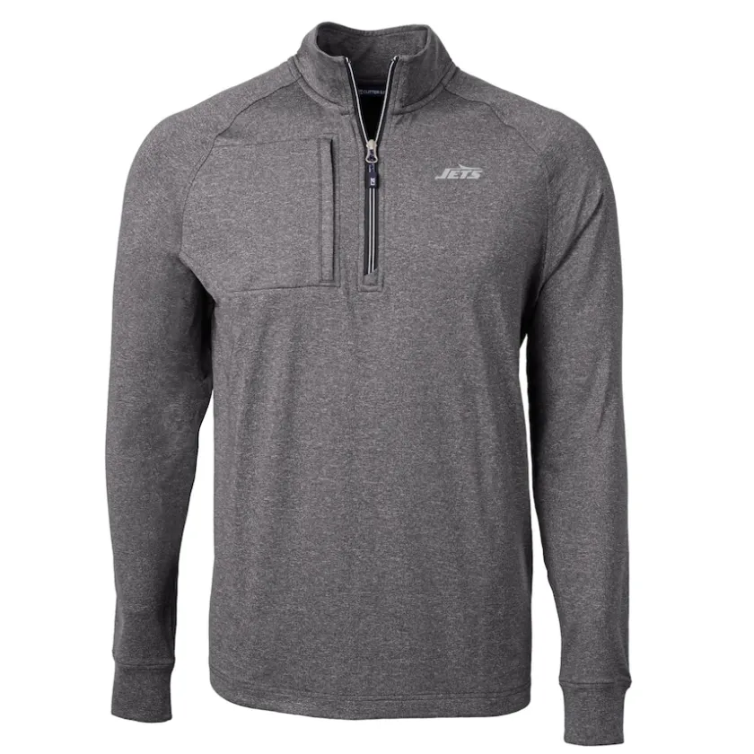 Big & Tall^New York Jets Men's Cutter & Buck Heather Black Monochromatic Logo Big & Tall Adapt Eco Knit Quarter-Zip Top