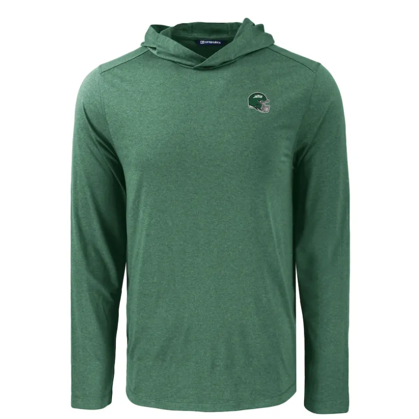 Sweaters & Dress Shirts^New York Jets Men's Cutter & Buck Hunter Green Helmet Coastline Epic Comfort Eco Recycled Long Sleeve Hoodie T-Shirt