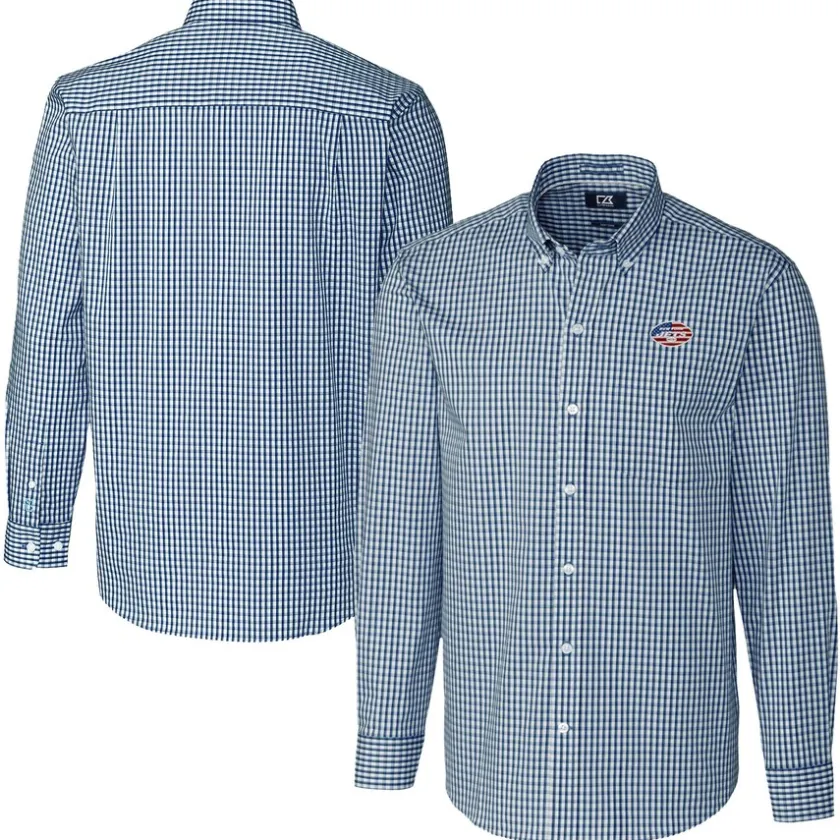 Sweaters & Dress Shirts^New York Jets Men's Cutter & Buck Navy Easy Care Stretch Gingham Big & Tall Long Sleeve Button-Down Shirt