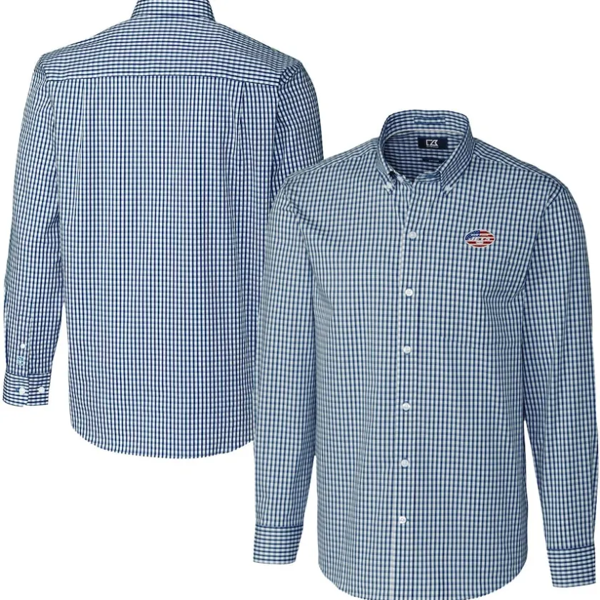Sweaters & Dress Shirts^New York Jets Men's Cutter & Buck Navy Easy Care Stretch Gingham Big & Tall Long Sleeve Button-Down Shirt