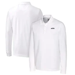 Polos^New York Jets Men's Cutter & Buck White Monochromatic Logo DryTec Advantage Tri-Blend Pique Long Sleeve Polo