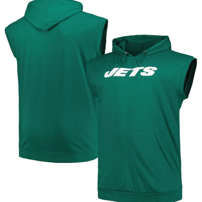 Big & Tall|Tank Tops^New York Jets Men's Fanatics Green Big & Tall Muscle Hoodie Sleeveless T-Shirt