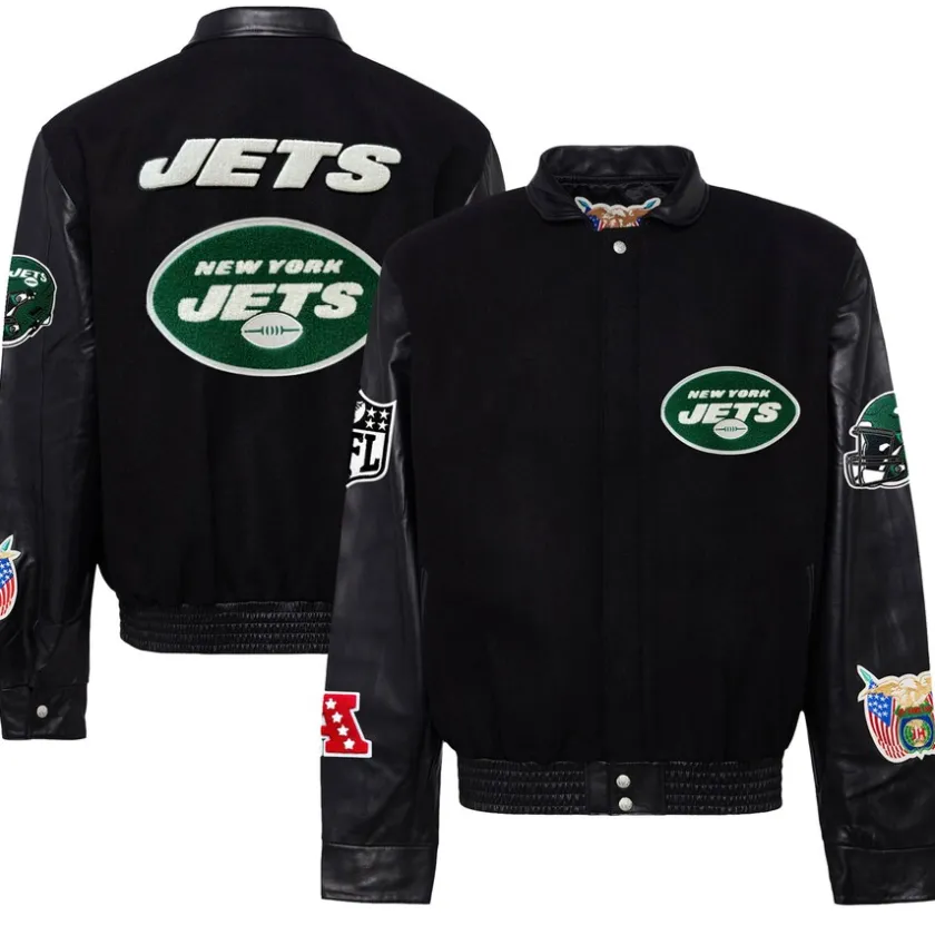 Jackets^New York Jets Men's Jeff Hamilton Black Wool & Leather Full-Snap Varsity Jacket