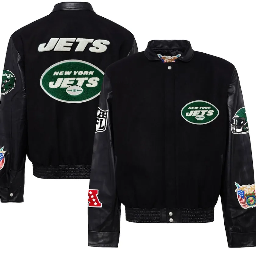 Jackets^New York Jets Men's Jeff Hamilton Black Wool & Leather Full-Snap Varsity Jacket