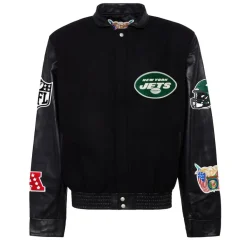 Jackets^New York Jets Men's Jeff Hamilton Black Wool & Leather Full-Snap Varsity Jacket
