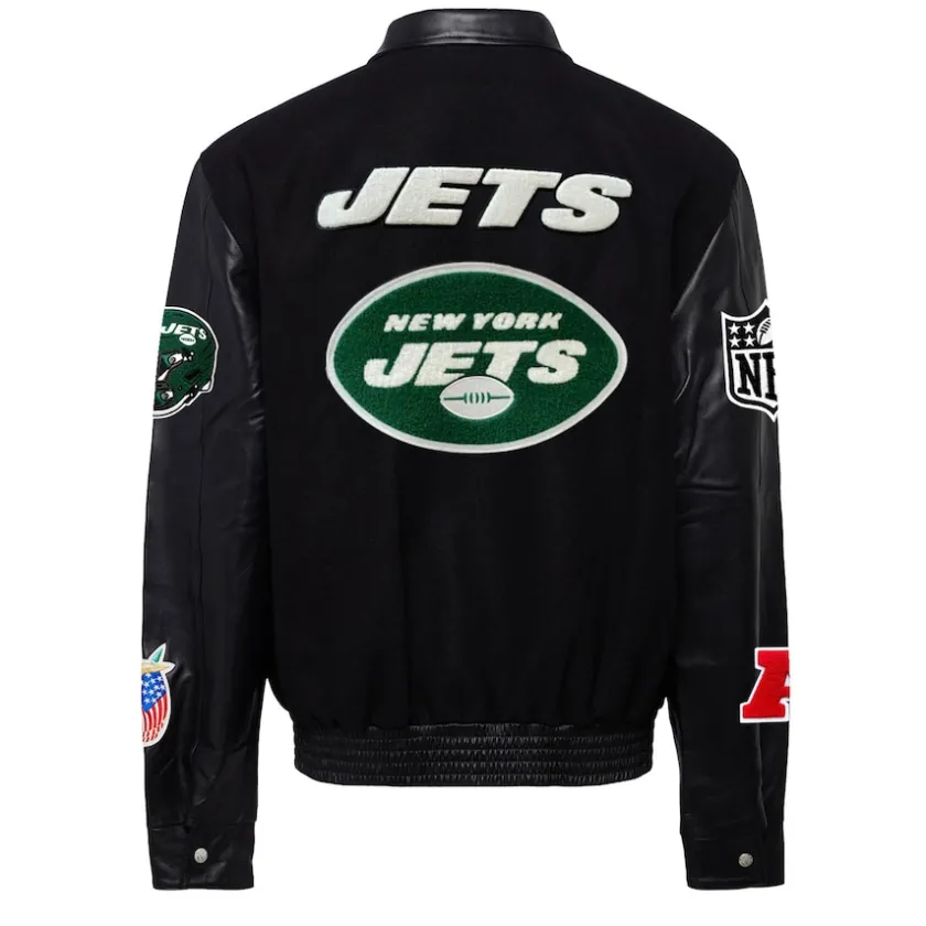 Jackets^New York Jets Men's Jeff Hamilton Black Wool & Leather Full-Snap Varsity Jacket