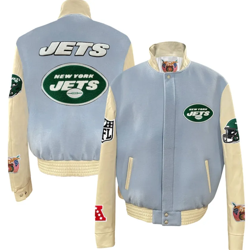 Jackets^New York Jets Men's Jeff Hamilton Light Blue Wool & Leather Full-Snap Varsity Jacket