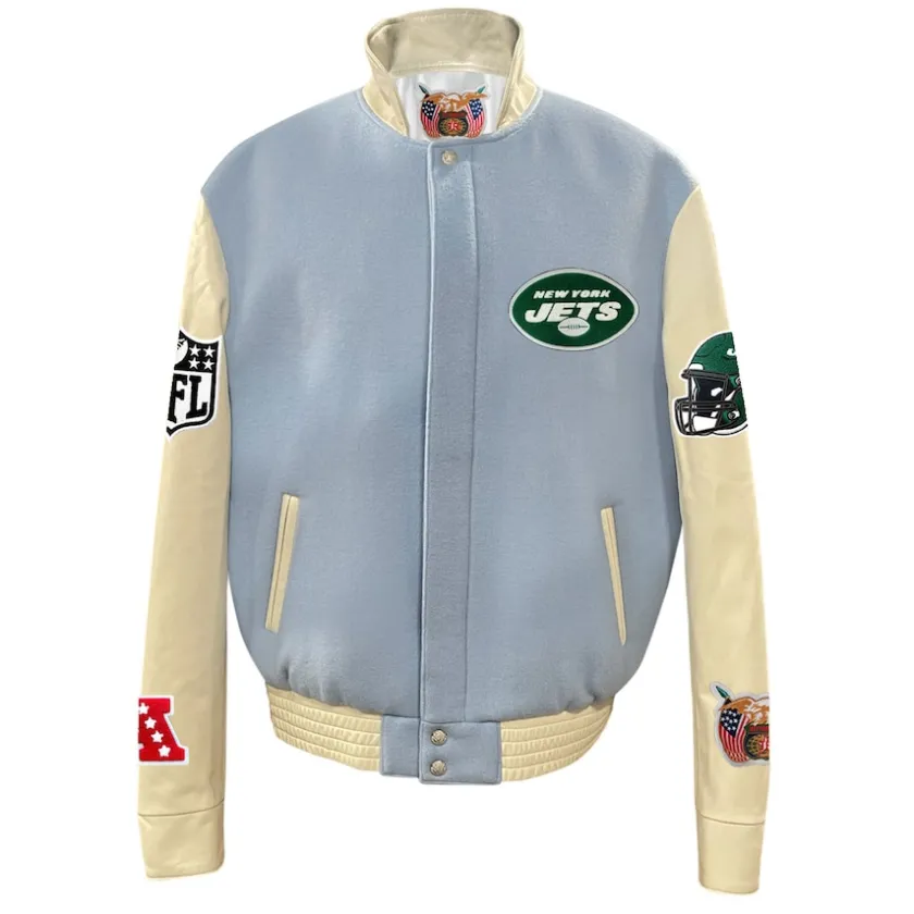 Jackets^New York Jets Men's Jeff Hamilton Light Blue Wool & Leather Full-Snap Varsity Jacket