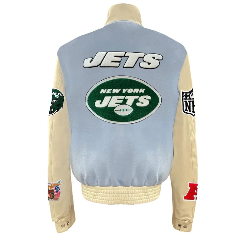 Jackets^New York Jets Men's Jeff Hamilton Light Blue Wool & Leather Full-Snap Varsity Jacket