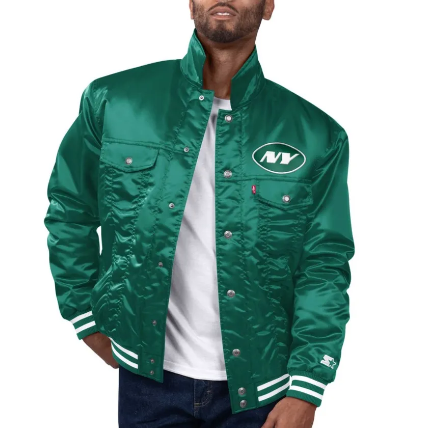 Jackets^New York Jets Men's Levi’s X Starter Green Silver Tab Trucker Full-Snap Jacket