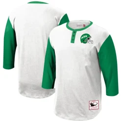 Long Sleeved^New York Jets Men's Mitchell & Ness White Legacy Slub Henley 3/4 Sleeve T-Shirt