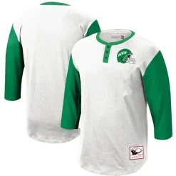 Long Sleeved^New York Jets Men's Mitchell & Ness White Legacy Slub Henley 3/4 Sleeve T-Shirt
