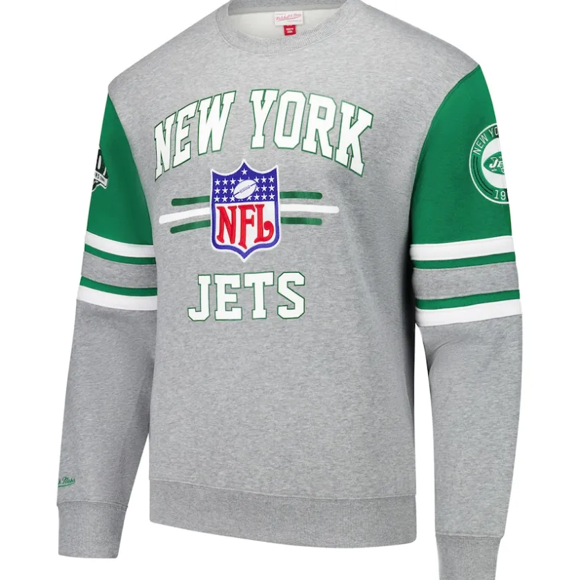 Sweatshirts & Fleece|Men^New York Jets Men's Mitchell & Ness Heather Gray All Over 4.0 Vintage Logo Pullover Sweatshirt