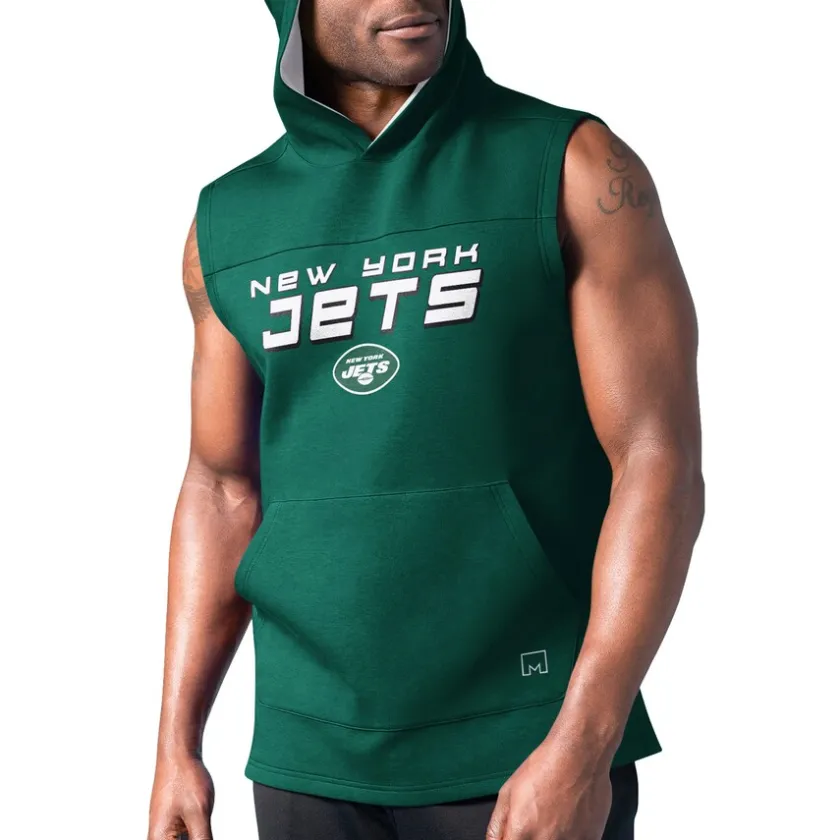 Tank Tops^New York Jets Men's MSX By Michael Strahan Green Captain Sleeveless Hoodie T-Shirt