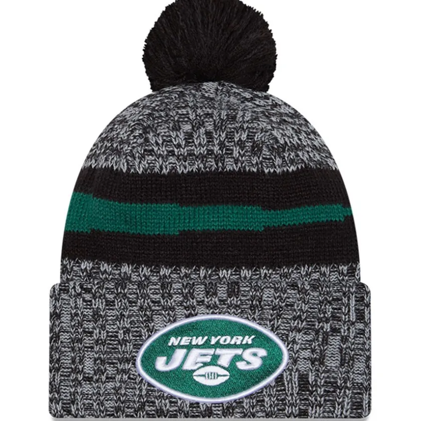 Knit^New York Jets Men's New Era Black 2023 Sideline Cuffed Knit Hat With Pom