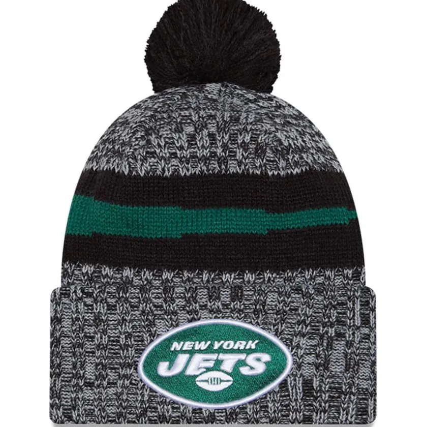 Knit^New York Jets Men's New Era Black 2023 Sideline Cuffed Knit Hat With Pom