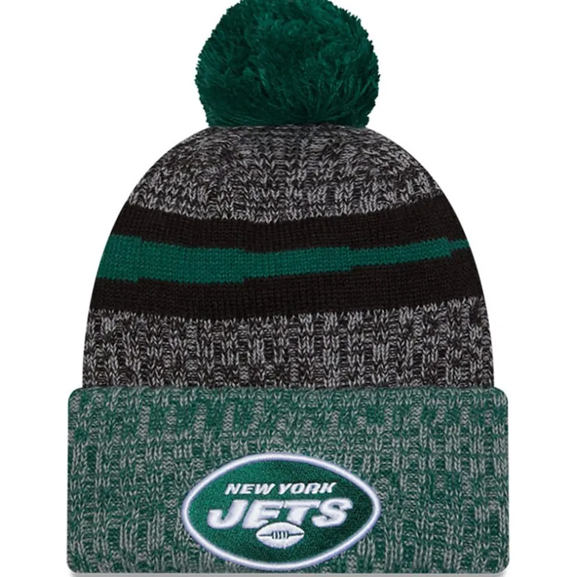 Knit^New York Jets Men's New Era Black/Green 2023 Sideline Sport Cuffed Pom Knit Hat