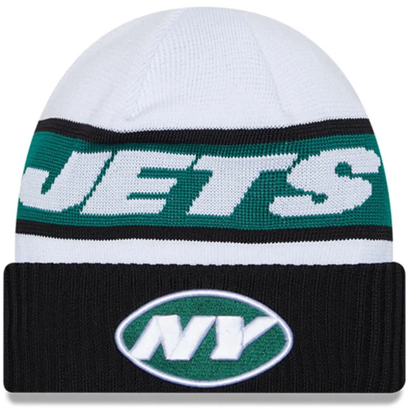 Knit^New York Jets Men's New Era White/Black 2023 Sideline Tech Cuffed Knit Hat