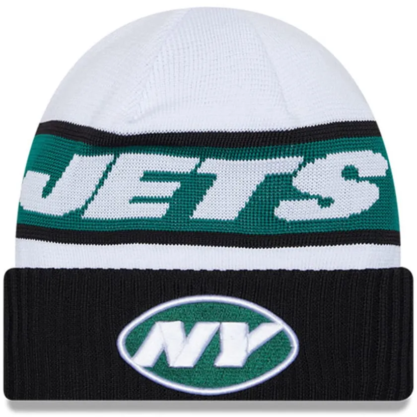 Knit^New York Jets Men's New Era White/Black 2023 Sideline Tech Cuffed Knit Hat