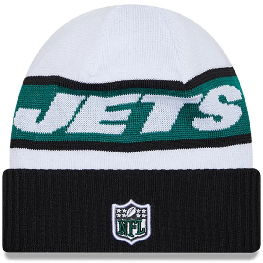 Knit^New York Jets Men's New Era White/Black 2023 Sideline Tech Cuffed Knit Hat