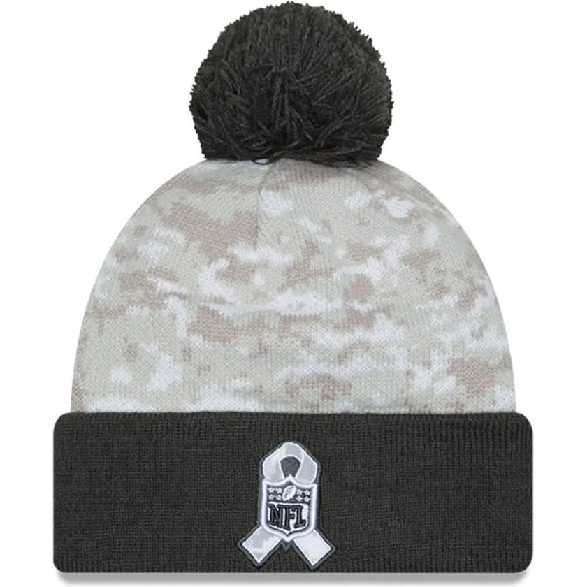 Hats|Men^New York Jets Men's New Era White/Graphite 2024 Salute To Service Digital Camo Cuffed Knit Hat With Pom