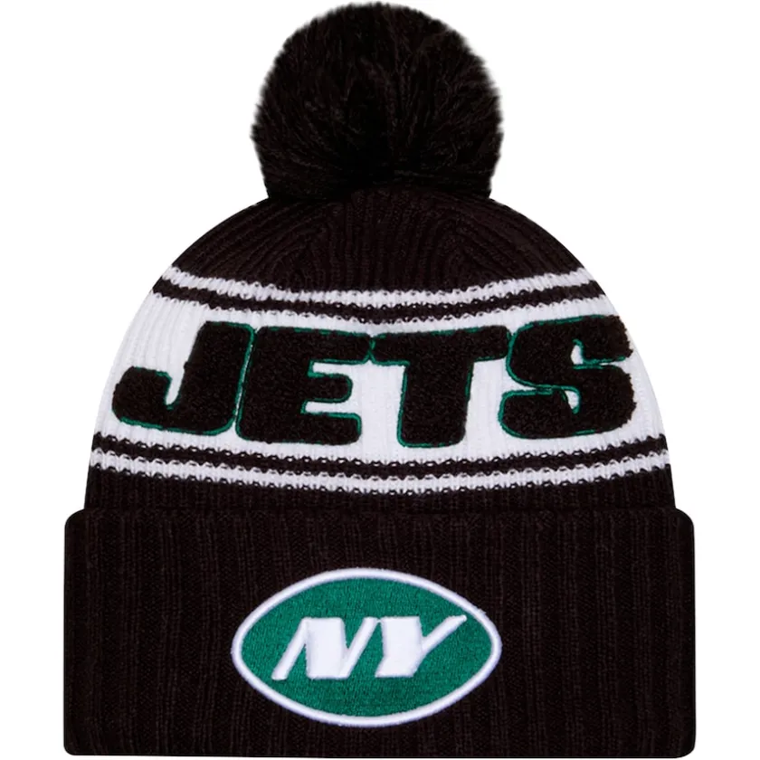 Knit^New York Jets Men's New Era Black 2024 Sideline Cuffed Knit Hat With Pom