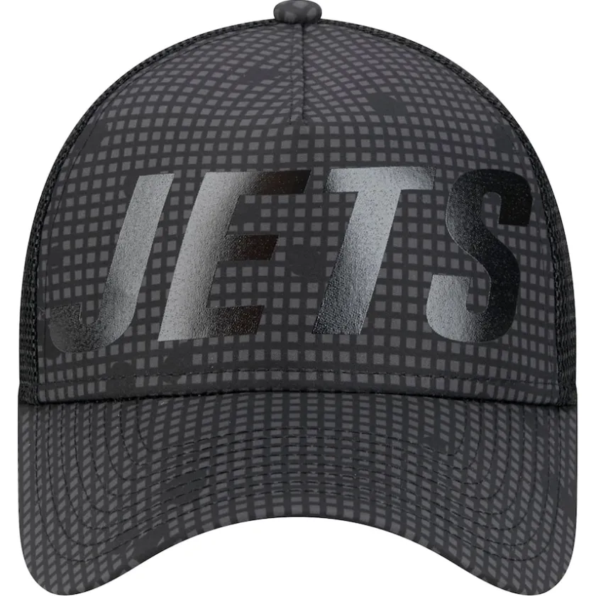 Adjustable^New York Jets Men's New Era Black Throwback Midnight Ink Tonal Text A-Frame Trucker 9FORTY Adjustable Hat