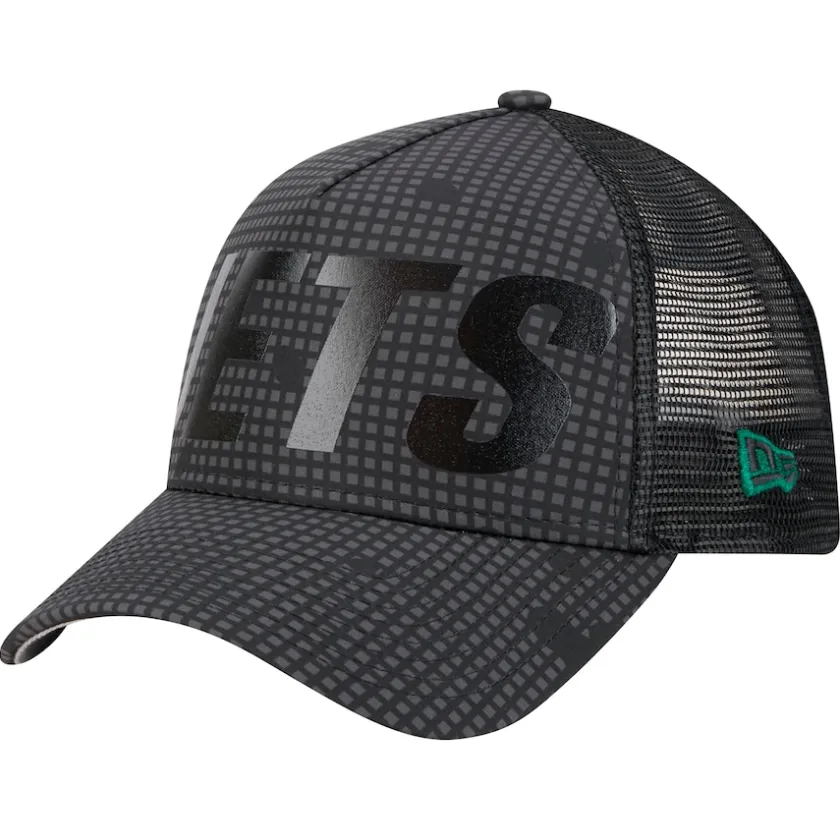 Adjustable^New York Jets Men's New Era Black Throwback Midnight Ink Tonal Text A-Frame Trucker 9FORTY Adjustable Hat