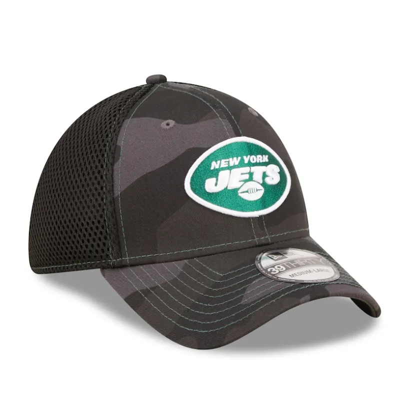 Flex^New York Jets Men's New Era Camo/Black Logo Neo 39THIRTY Flex Hat