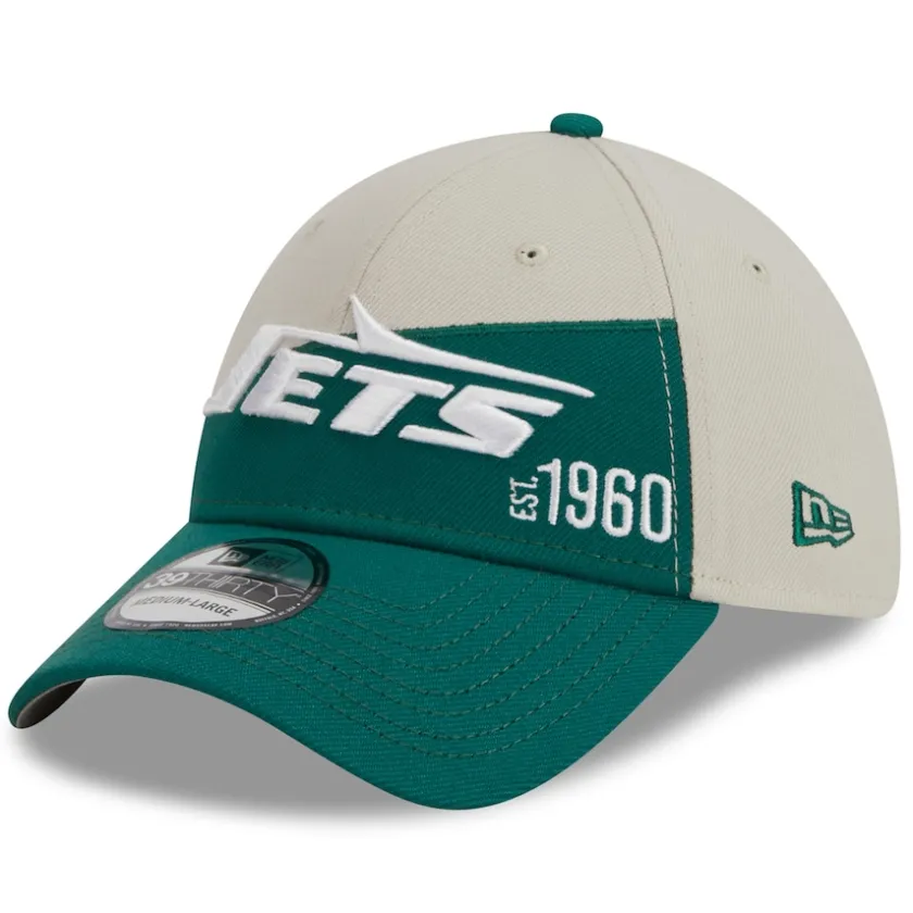 Flex^New York Jets Men's New Era Cream/Kelly Green 2023 Sideline Historic 39THIRTY Flex Hat