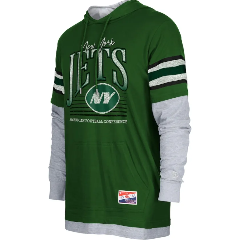 Long Sleeved^New York Jets Men's New Era Green Twofer Long Sleeve Hooded T-Shirt