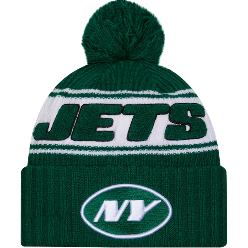 Hats|Men^New York Jets Men's New Era Green 2024 Sideline Cuffed Knit Hat With Pom