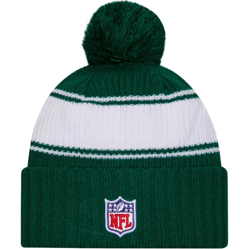 Hats|Men^New York Jets Men's New Era Green 2024 Sideline Cuffed Knit Hat With Pom