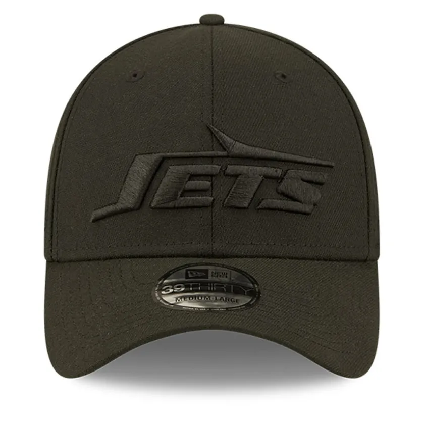 Flex^New York Jets Men's New Era Black On Black Historic Logo 39THIRTY Flex Hat