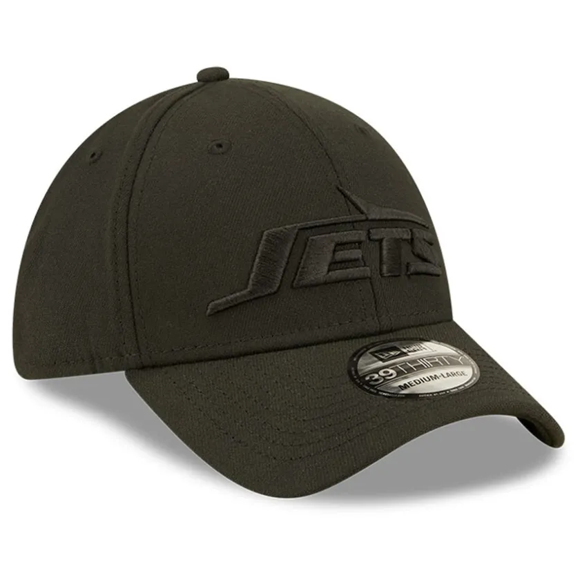 Flex^New York Jets Men's New Era Black On Black Historic Logo 39THIRTY Flex Hat
