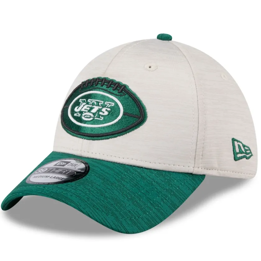Flex^New York Jets Men's New Era Stone/Green 2024 Sideline Historic 39THIRTY Flex Hat